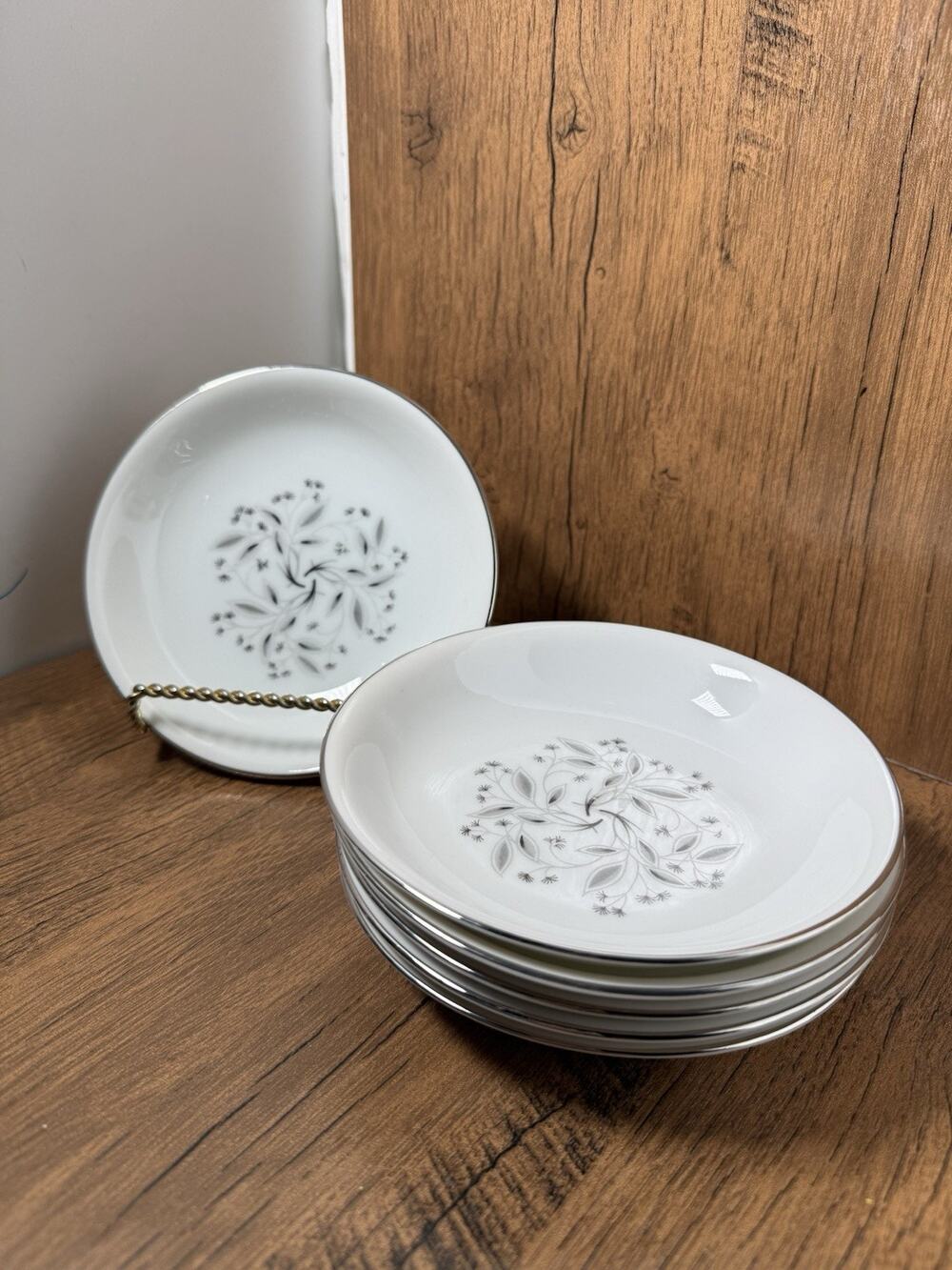 6 Japan China PATRICIA #5508 Dessert Pasta Bowls Platinum And White